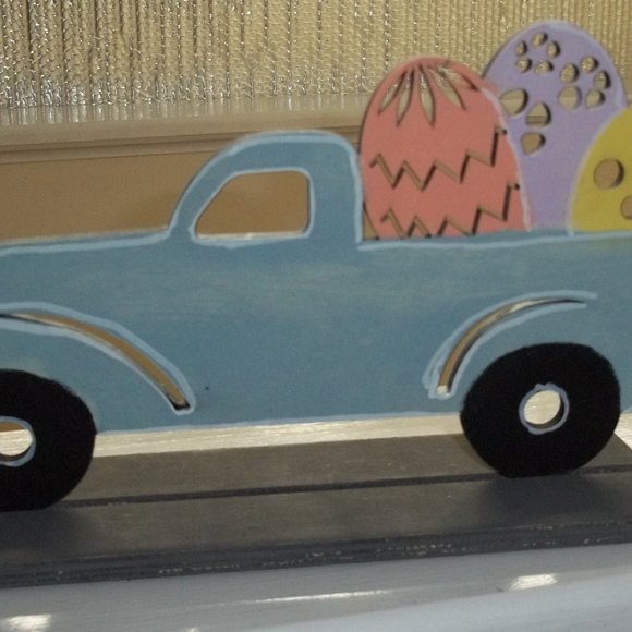 NEW Farmhouse truck Easter Eggs wood wooden with stand 10" X 5.5" X 3" - Picture 2 of 3